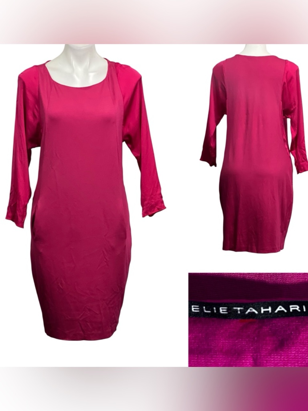 Elie Tahari Dress Sz Med Fuchsia pink Sheath ponte knit stretch cocktail casual